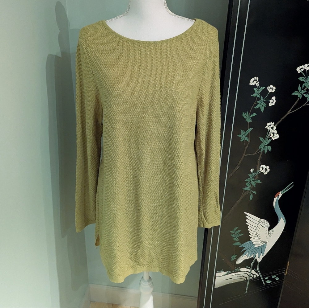 J.Jill Wms Large Lime Green Textured Knit LongSleeve Tunic Sweater Boat Neck 146